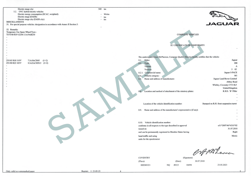 EC Certificate of Conformity JAGUAR